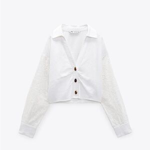 Linen blend embroidered eyelet shirt